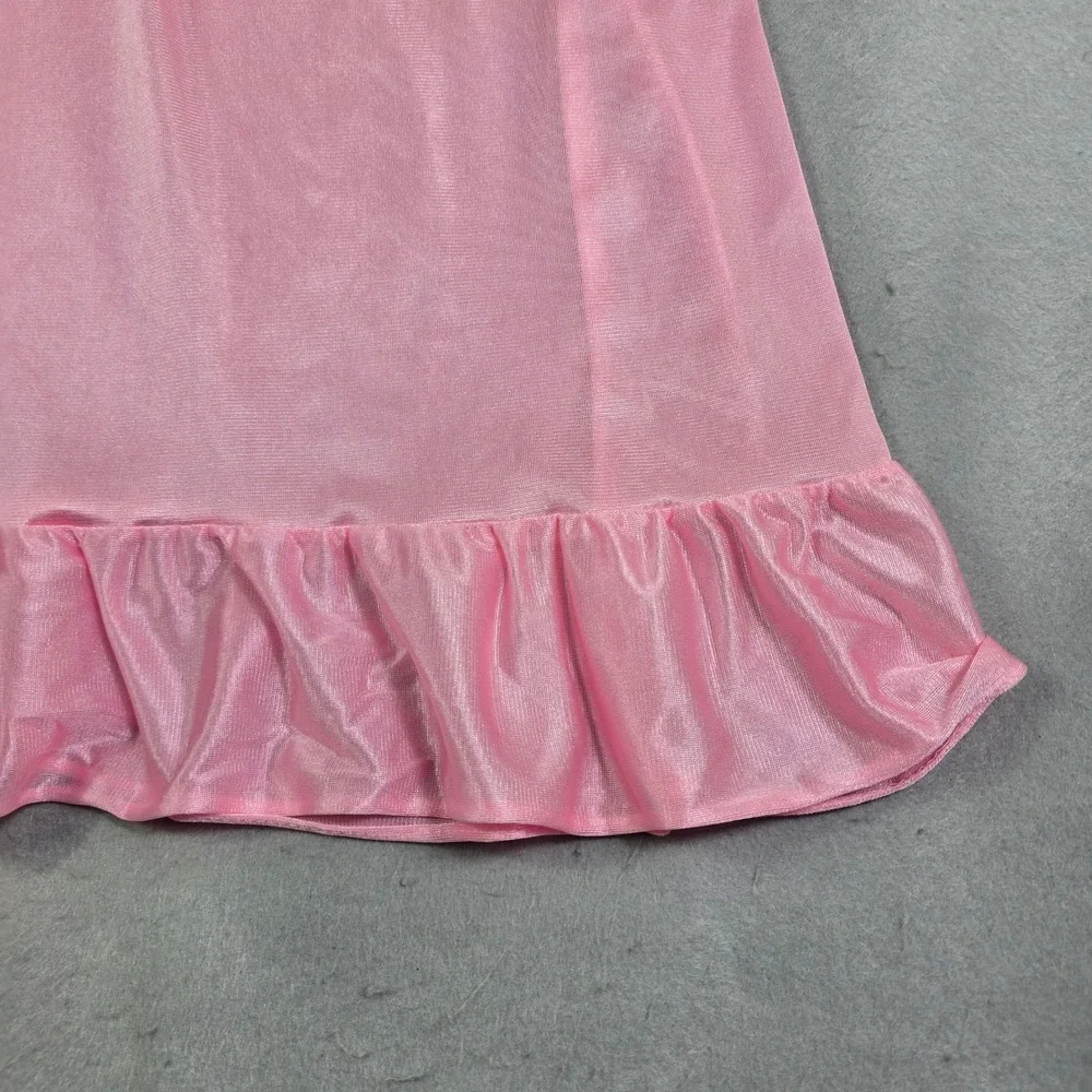 Vintage Pink Nylon Nightgown Womens Medium Pink‎ Lace Trim Ruffle Hem Sleepwear